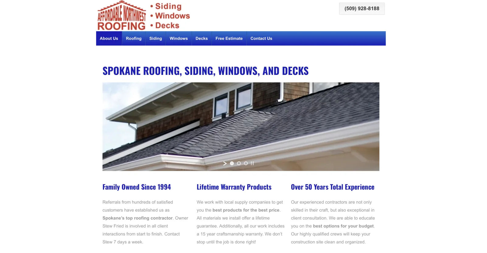 The previous Affordable Northwest Roofing homepage: a red logo over a blue navigation bar of eight links, a slideshow photo of a shingled roof, and three columns of small paragraph text.